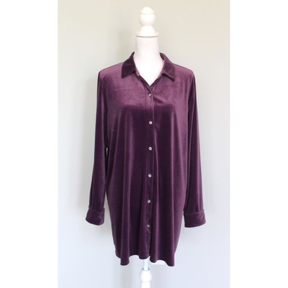 J. JILL Wearever Collection Purple Velvet Button Down Shirred Back Top , L Large - Picture 1 of 7